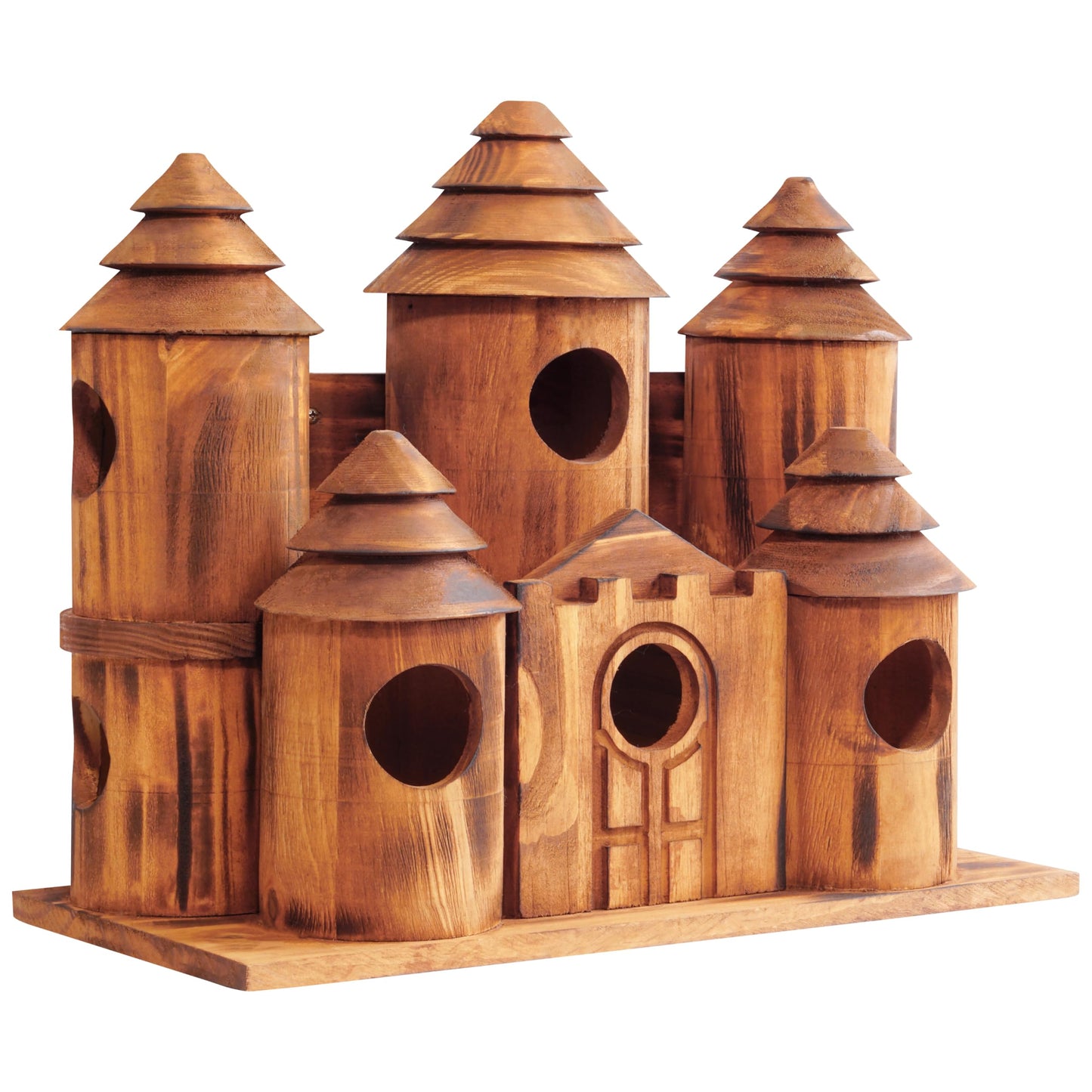 MIXUMON Wooden Bird Houses for Outside β 8 Rooms Castle-Style Bird House, Carbonized Pine Rustic Finish, 1.57" Entrance Holes, Decorative Outdoor Bird Nesting Box (Rustic, 8 Rooms)