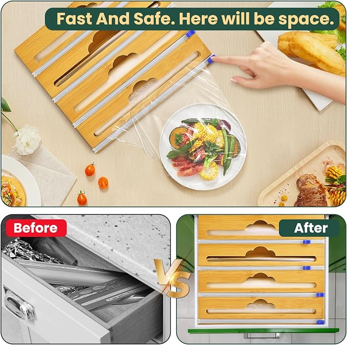 Bamboo 4 in 1 Saran Wrap Dispenser with Cutter & Labels - Foil & Plastic Wrap Organizer - Aluminum Foil Wax & Parchment Wrapping Paper Storage for Kitchen Drawer - 12" Roll