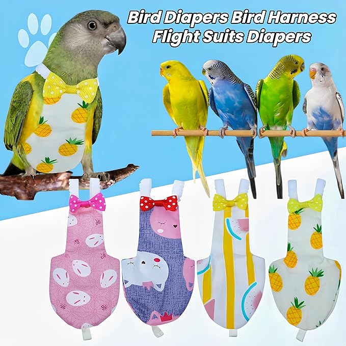 2Pcs Bird Diapers Bird Harness Flight Suits Diapers with 80 Inch Flying Leash Parrot Nappy Washable Cute Urine Wet Suit for Cockatiel Conure Macaw Budgies Parakeet-Pineapple&Kitten,S