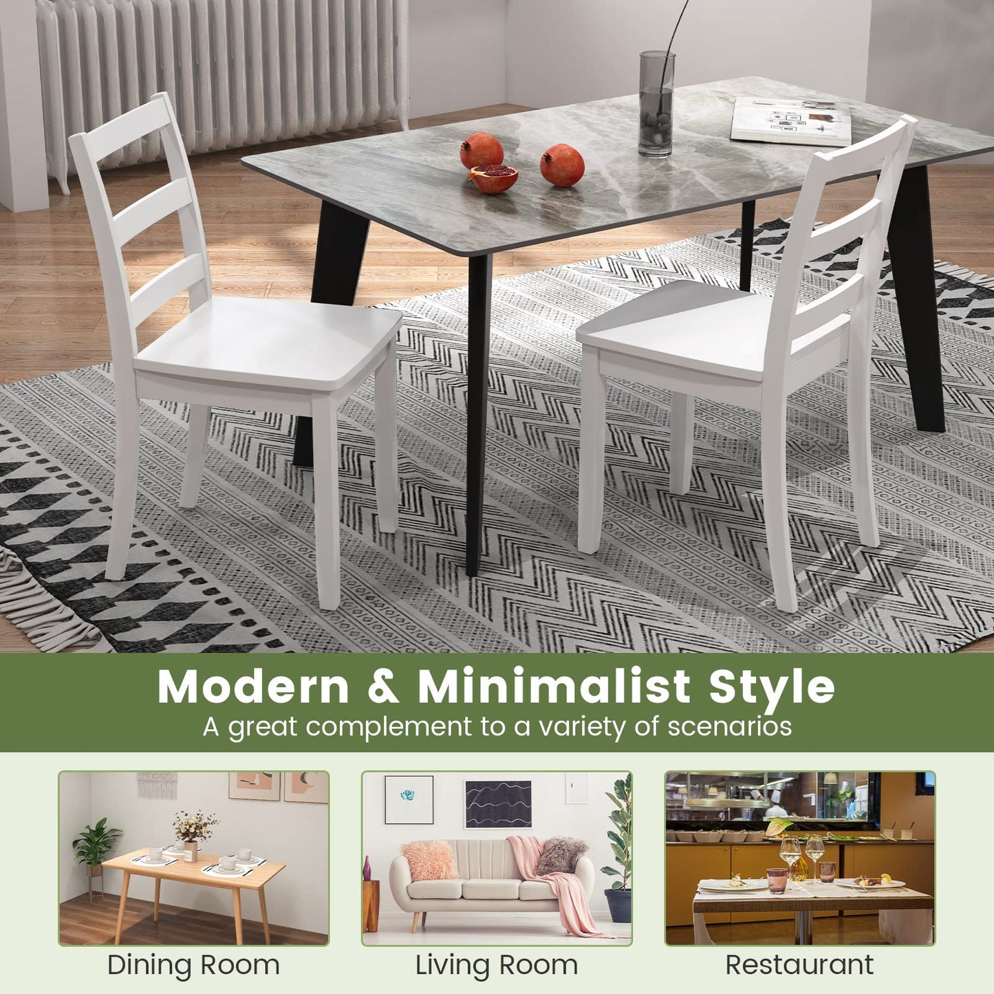 Giantex Wood Dining Chairs Set of 2 White - Wooden Armless Kitchen Chairs with Solid Rubber Wood Legs, Non-Slip Foot Pads, Max Load 400 Lbs, Farmhouse Style High Ladder Back Dining Room Chairs