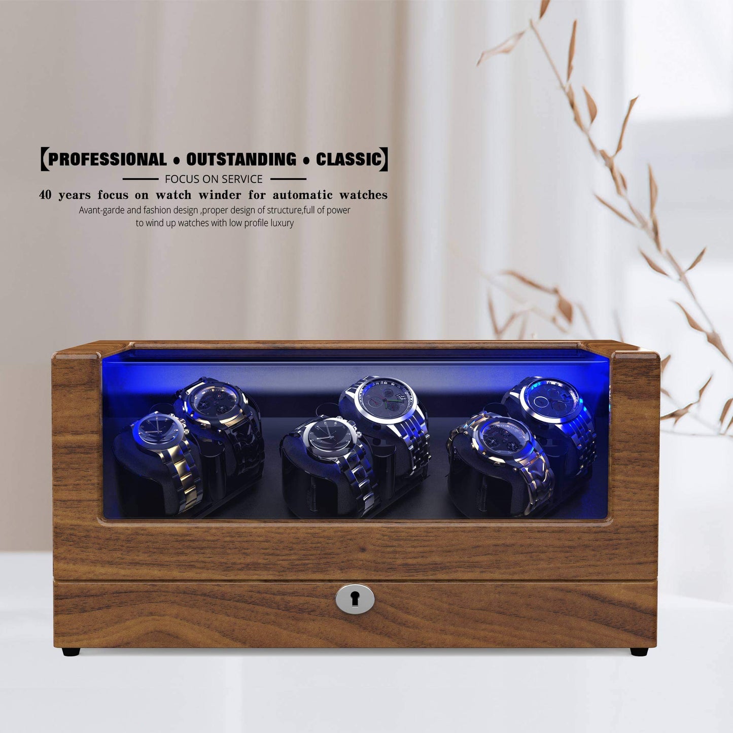 TRIPLE TREE Watch Winder, for Rolex Automatic Watches with Soft and Flexible Watch Pillows, Wooden Shell, Powered by Japanese Motor, with Built-in Blue LED Illuminated