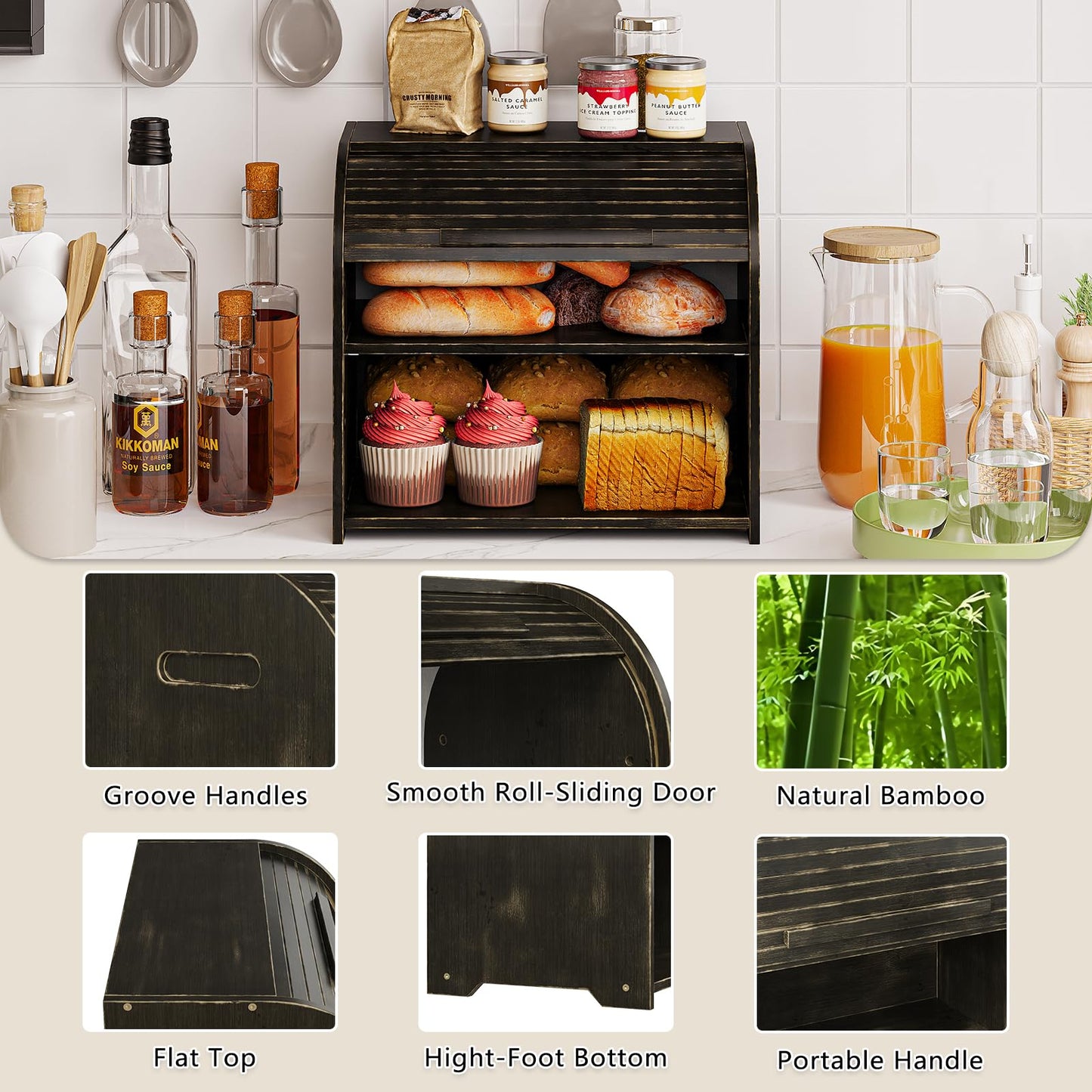 Trironsun Bamboo Roll Top Bread Box for Kitchen Countertop Large Capacity Bread Storage Bin 2 Layer Wooden Bread Storage Organizer Natural Breadbox for Food Storage (Antique Black)