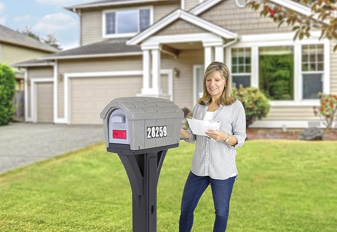 Simplay3 Classic Home Plastic Residential Mailbox & Post Mount Combo Kit with 2 Access Doors - Stone Gray/Black, Made in USA
