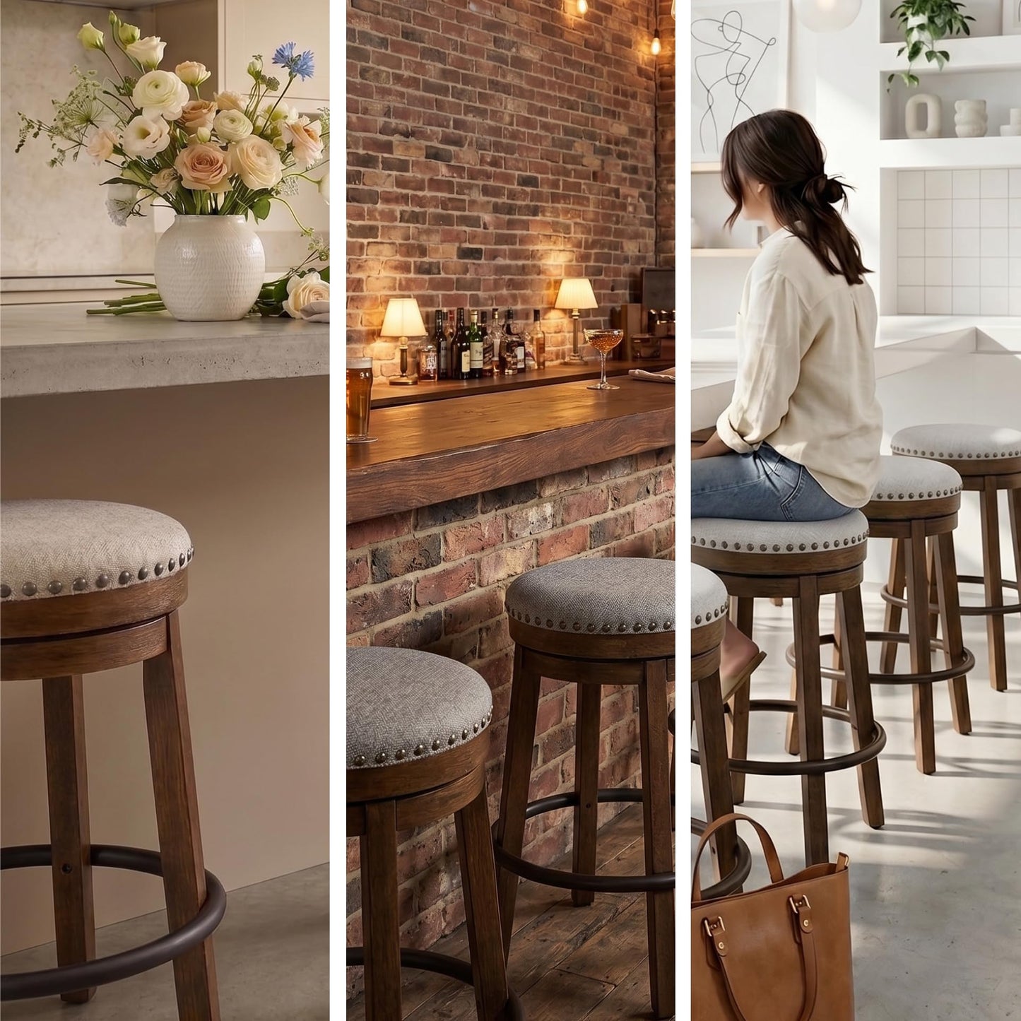 Signature Design by Ashley Valebeck Upholstered Swivel Stool, Cushioned Seat, Woven Fabric Upholstery, Wood, 24" H, Brown & Black