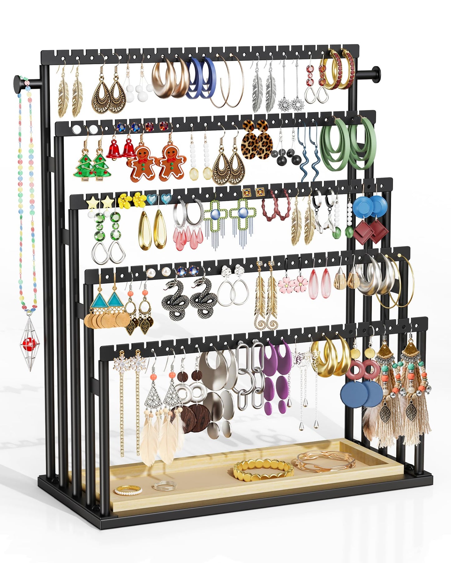 TIPSYTREE Earring Holder Organizer, 5-Tier Step Jewelry Display Stand with Metal Frame and Wooden Storage Organizer, Large Earring Holder for Studs, Hoops, Dangles, Modern Jewelry Organizer for Women