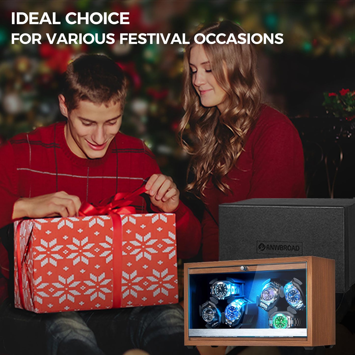 ANWBROAD Watch Winder 6 with LED and Super Quiet Motor 4 Rotating Modes Watches Winder box Watch Shaker with Type-C Adapter UJWW003A