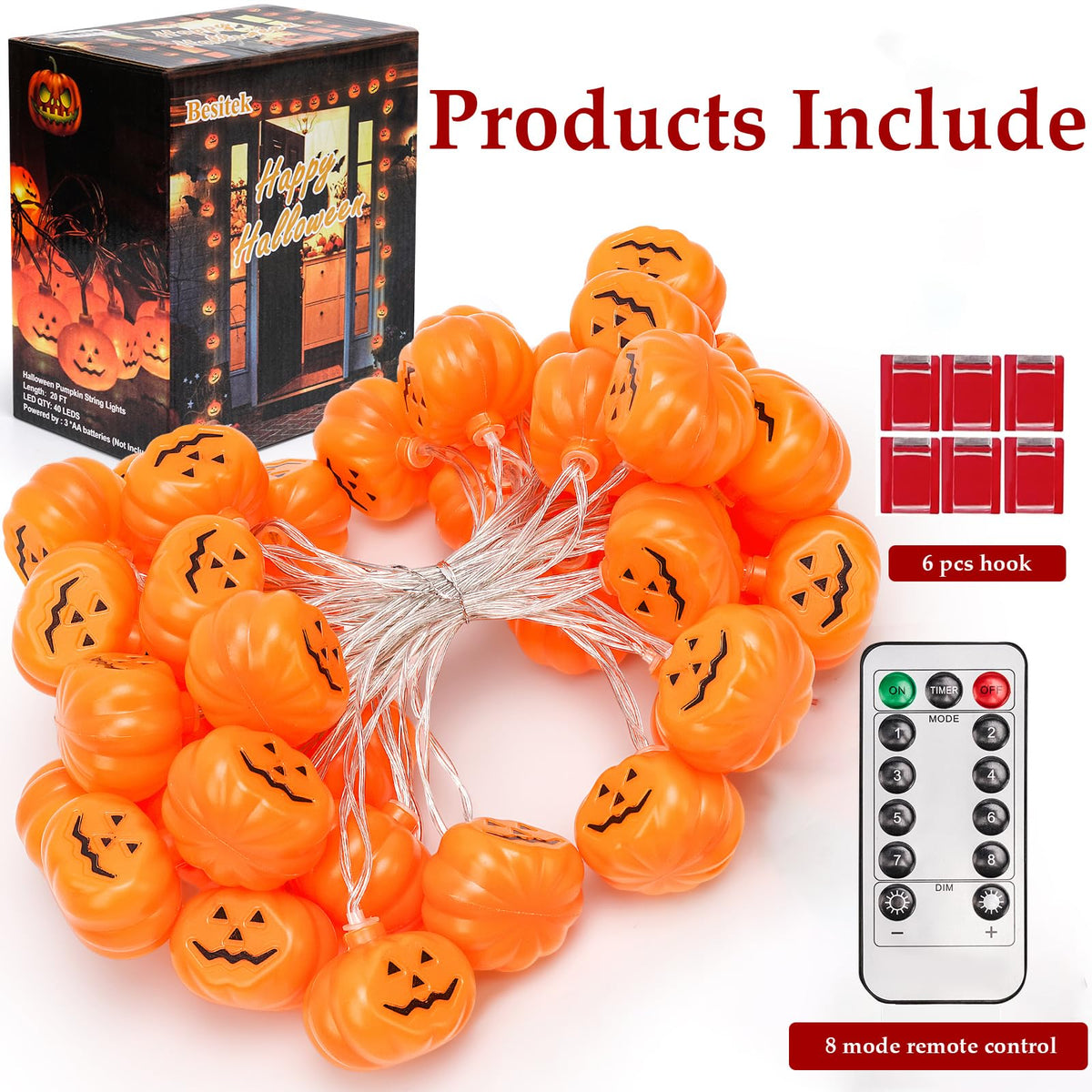 Halloween Lights,20FT 40 LEDs Holiday String Lights for Indoor Outdoor Decor,Battery Operated 8 Mode Waterproof Pumpkin String for Party Decorations