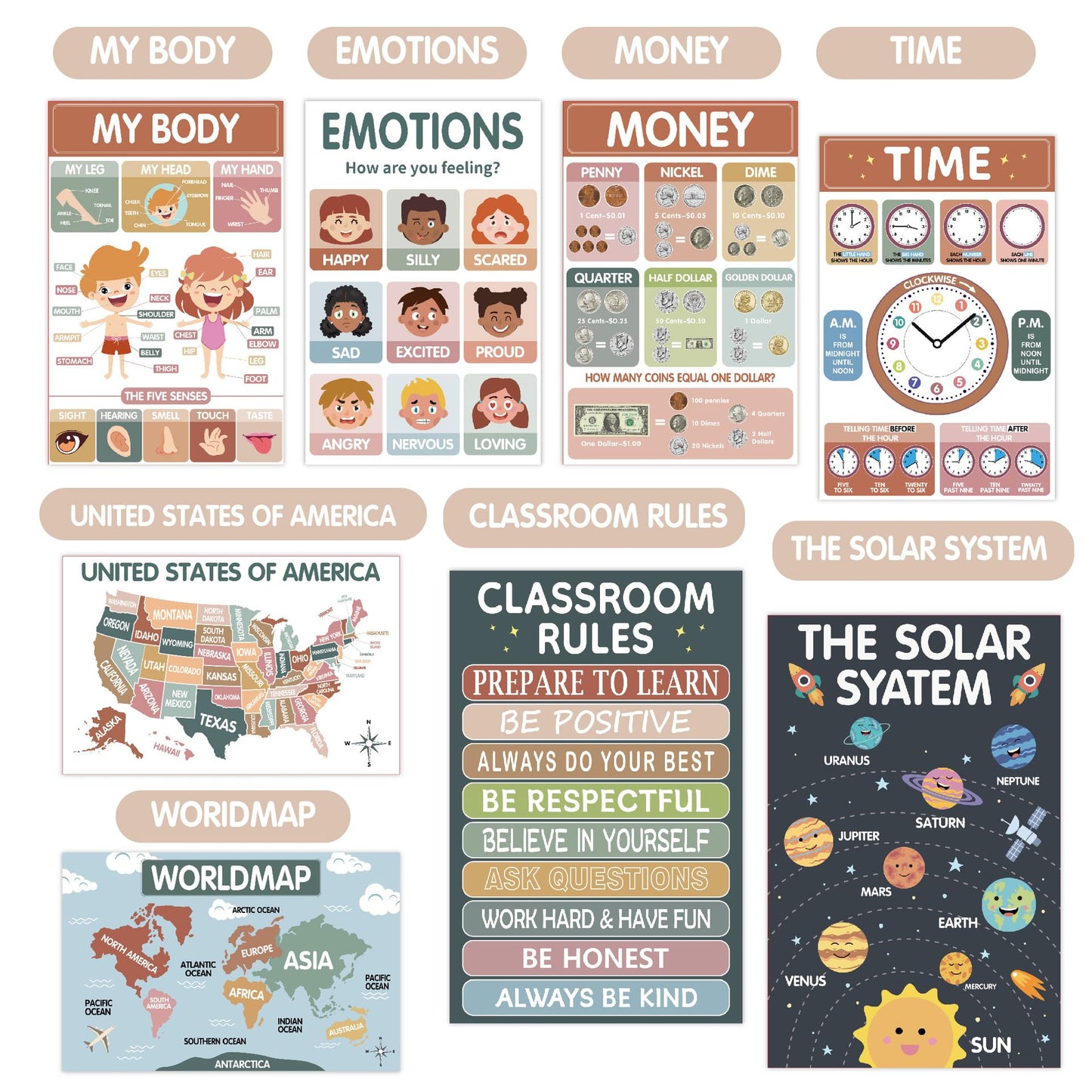 Sruchy 18 Boho Educational Posters for Classroom, 11x17in Laminated Educational Preschool Posters for Toddlers 1-3-5 Years Old - Homeschool, Kindergarten Classroom and Kids' Walls Decor