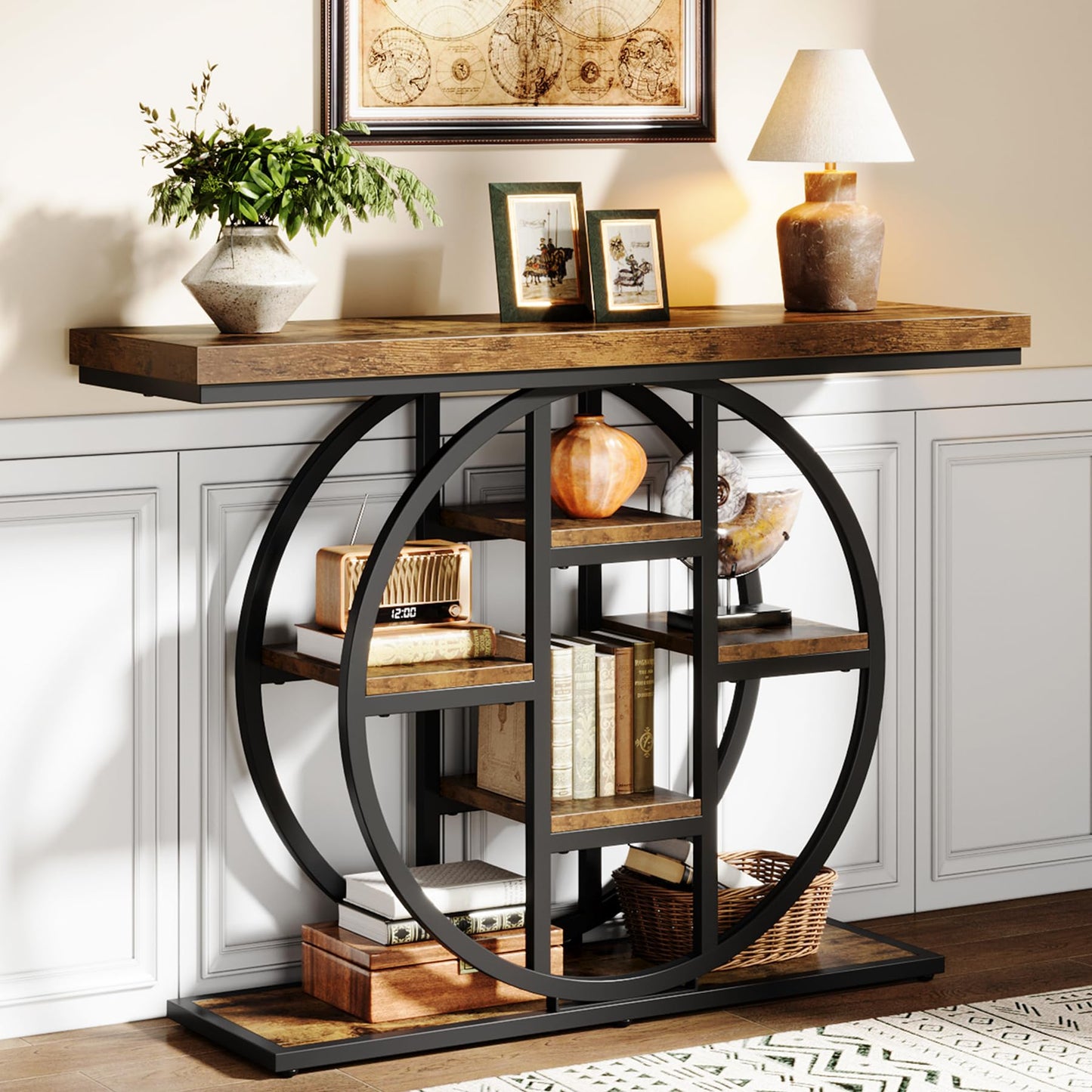 Celaform 41" Console Table for Entryway, 4-Tier Industrial Narrow Wood Sofa Accent Tables with Circle Storage Shelves for Living Room, Hallway, Foyer (Rustic Brown)