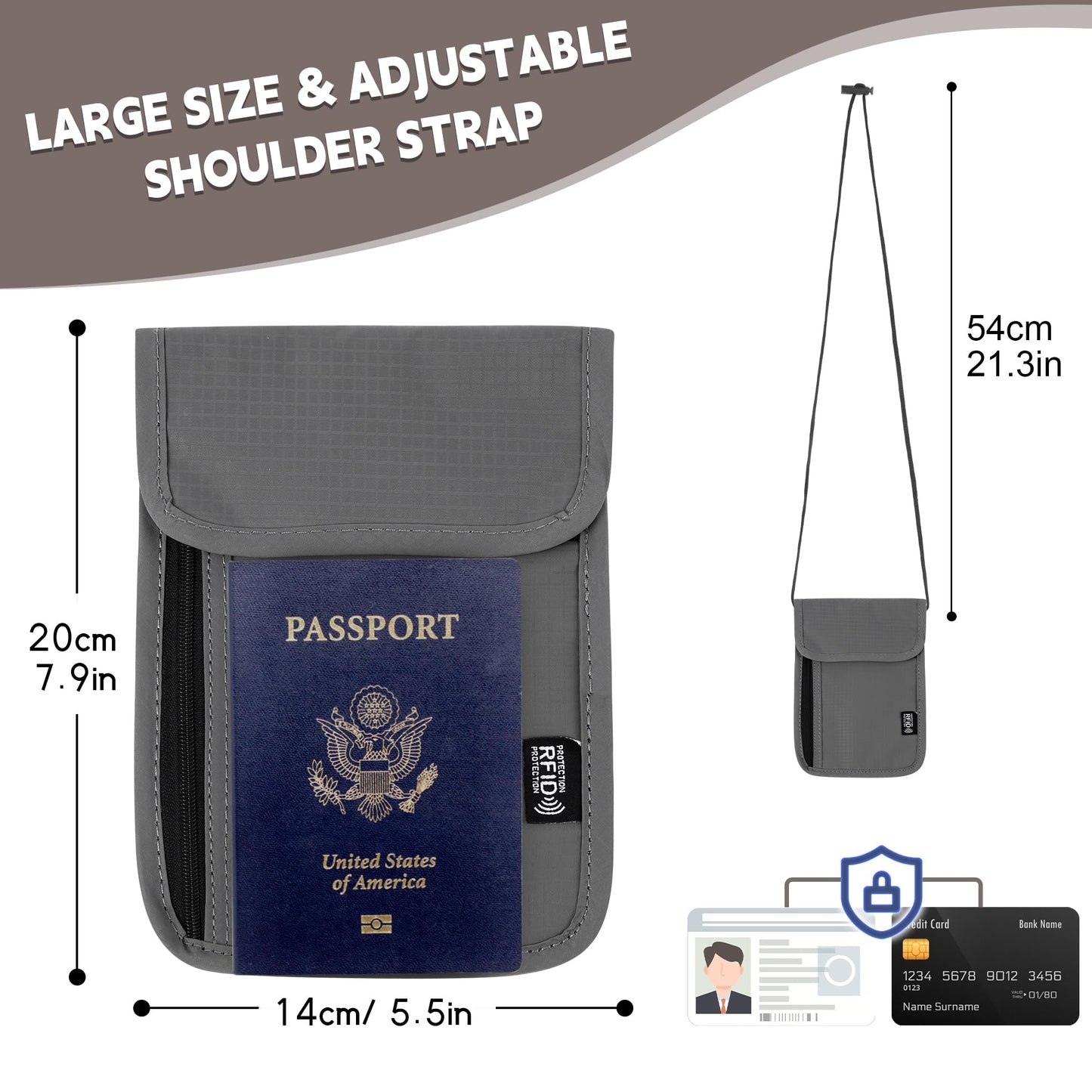 Likesing 5.5" L x 7.9" W Travel Neck Wallet, RFID Blocking Passport Holder, Security Lightweight Passport Travel Wallet, Neck Pouch Gifts for Women Men(Grey)