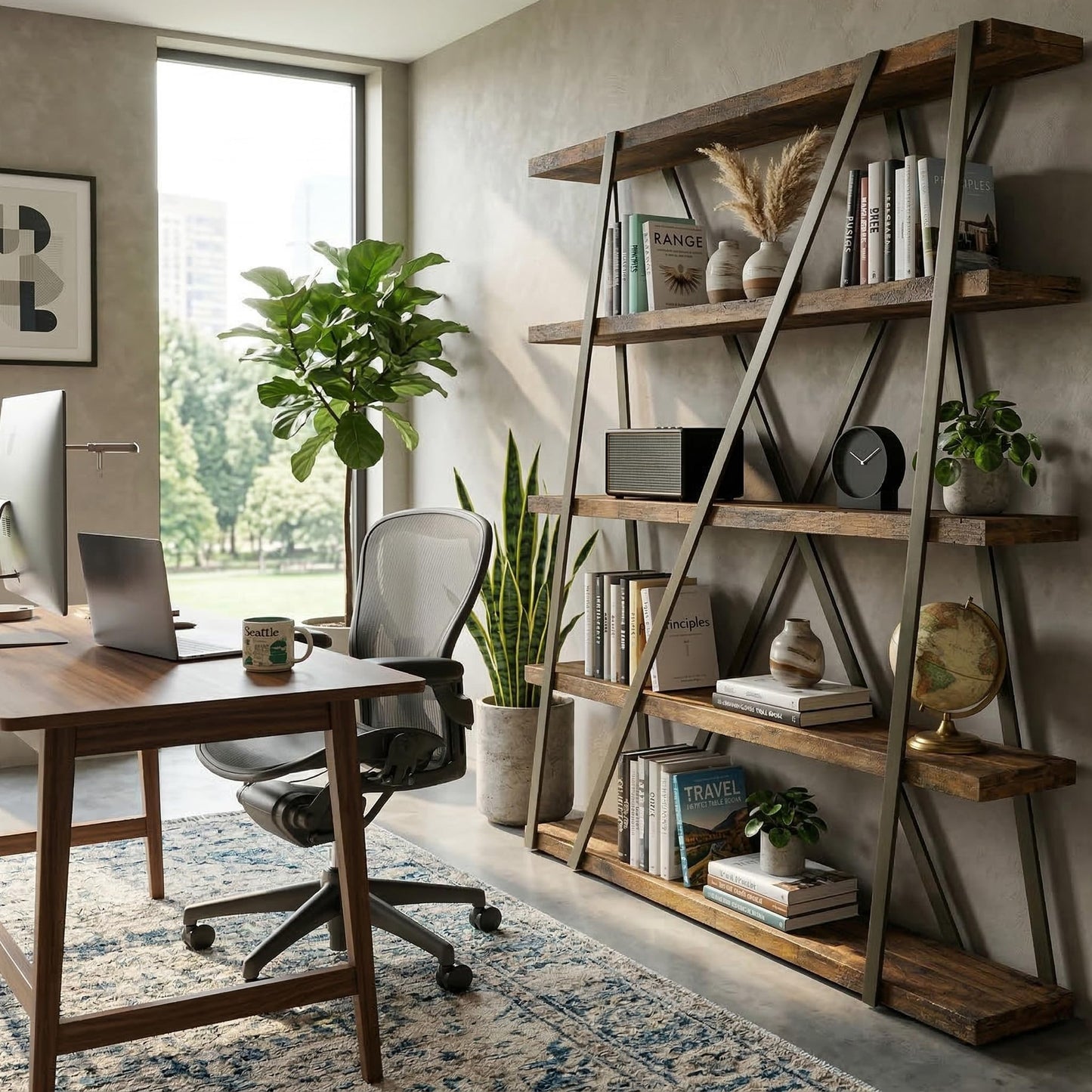 FUSUNBAO 67" 5-Tier Wood & Metal Tall Bookshelf for Home Office,Retro Brown