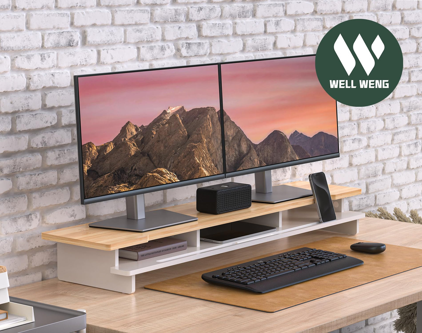 WELL WENG Monitor Stand Dual Monitor Stand Riser for Desk,Wood Desk Shelf Storage Organizer with Phone Tablet Holder (42.5 Inch, White & Natural Bamboo)