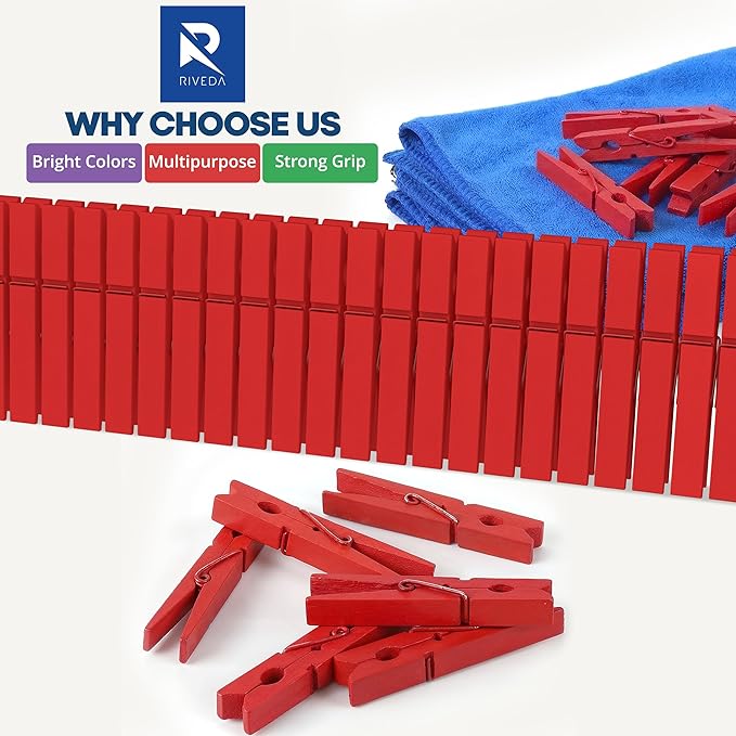 RIVEDA 50pcs Colored Wooden Clothes Pins, Clothespins