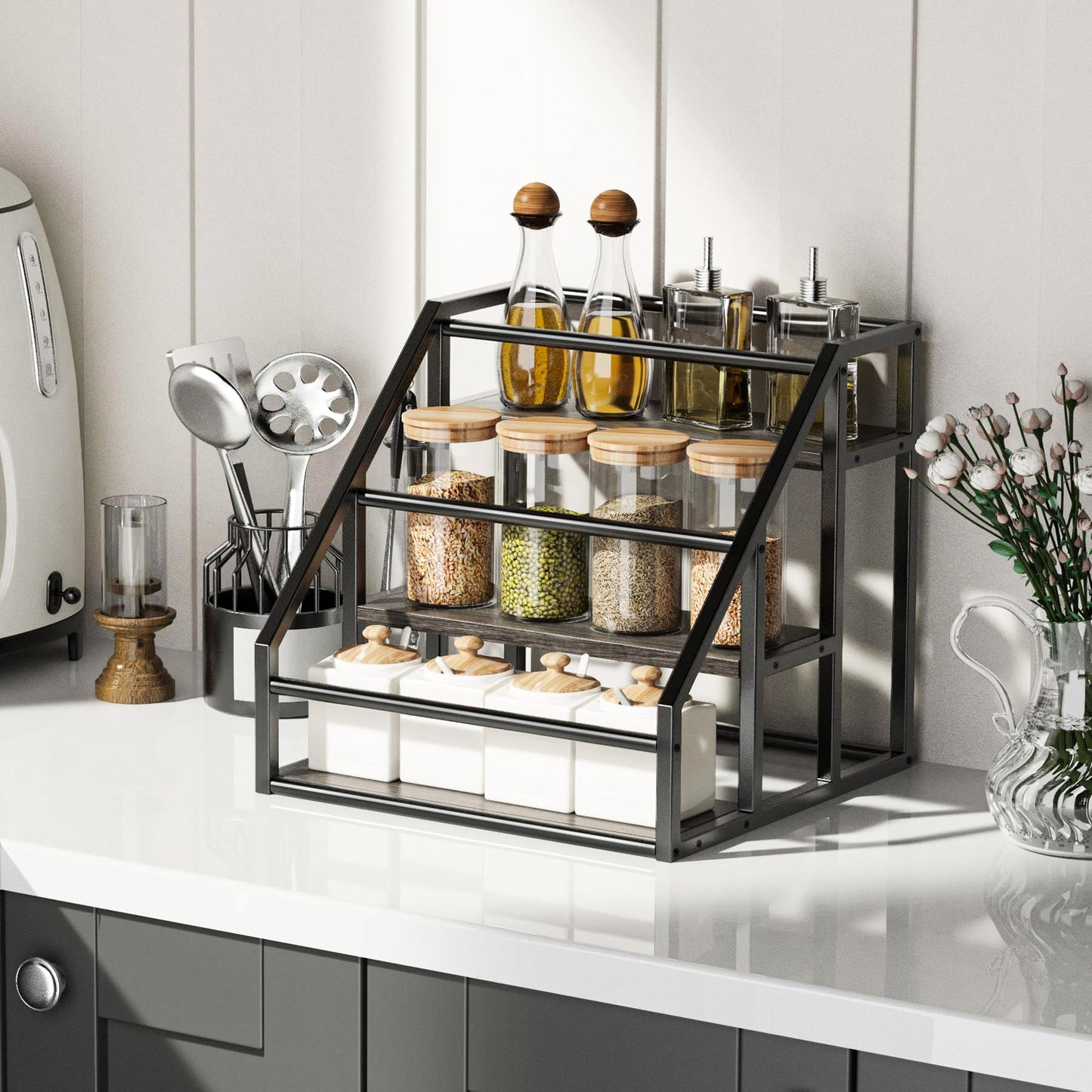 Vantimo Coffee Syrup Rack Organizer, 3 Tier Countertop Storage Shelves, Kitchen Storage, 12 Syrup Bottle Stand Holder for Wine, Liquor, Kitchen Coffee Station Organizer Rack, 13.8"x13.4"x13.0", Grey