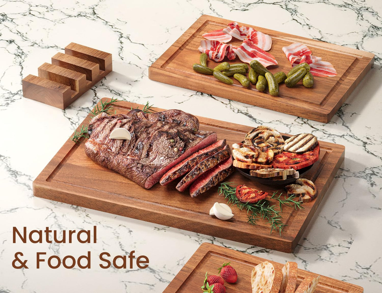 Danfoxer Set of 3 Acacia Wood Cutting Board Set,Wooden Chopping Boards with Juice Groove and Stand Holder for Kitchen,Butcher Block for Meat,Vegetables, Fruit
