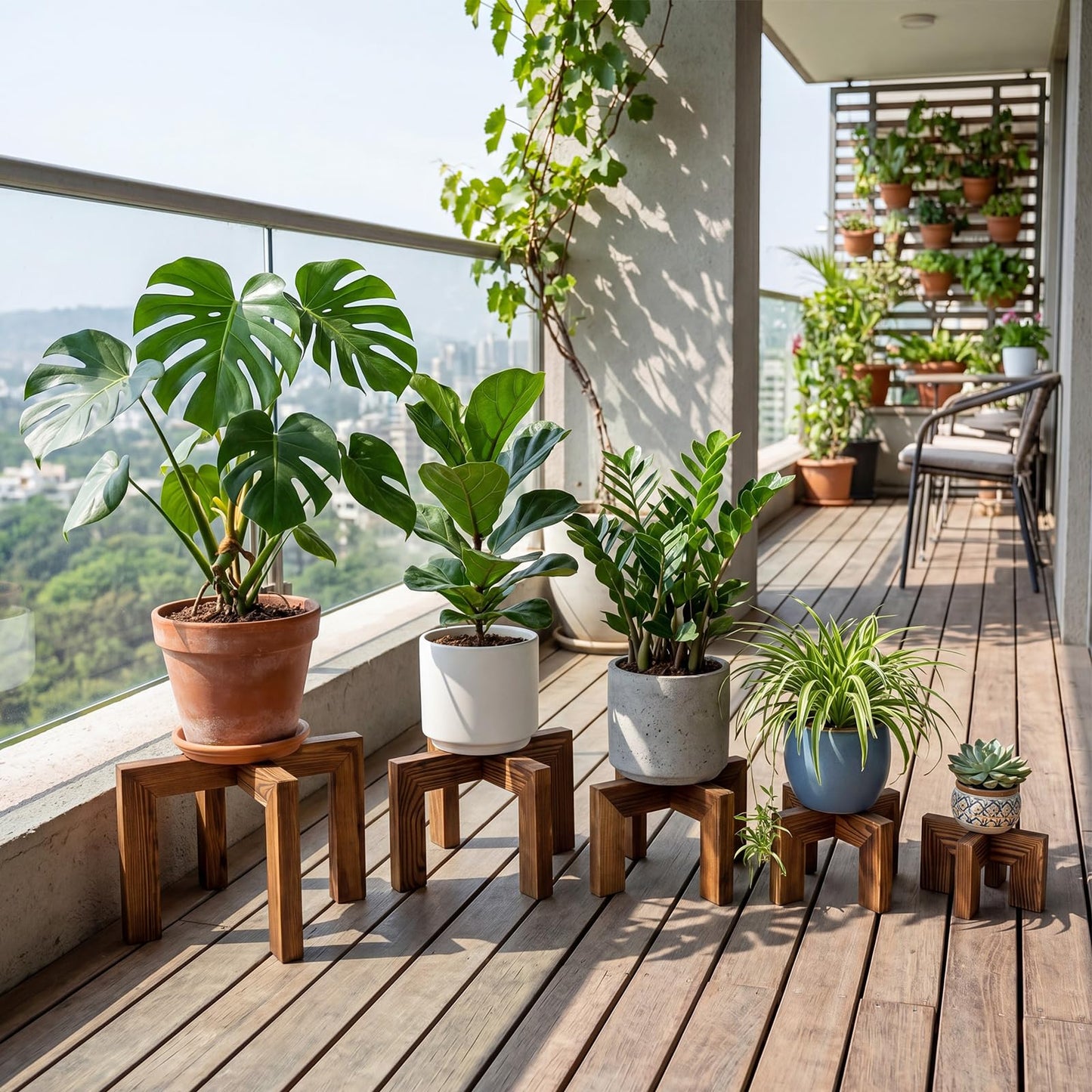 Marsui 10 Pack Wooden Plant Risers for Indoor 5 Sizes Plant Cross Leg Stand Set Carbonized Brown Solid Flower Pot Holders Display Stands for Living Room Balcony Farmhouse Decor (Pots Not Included)