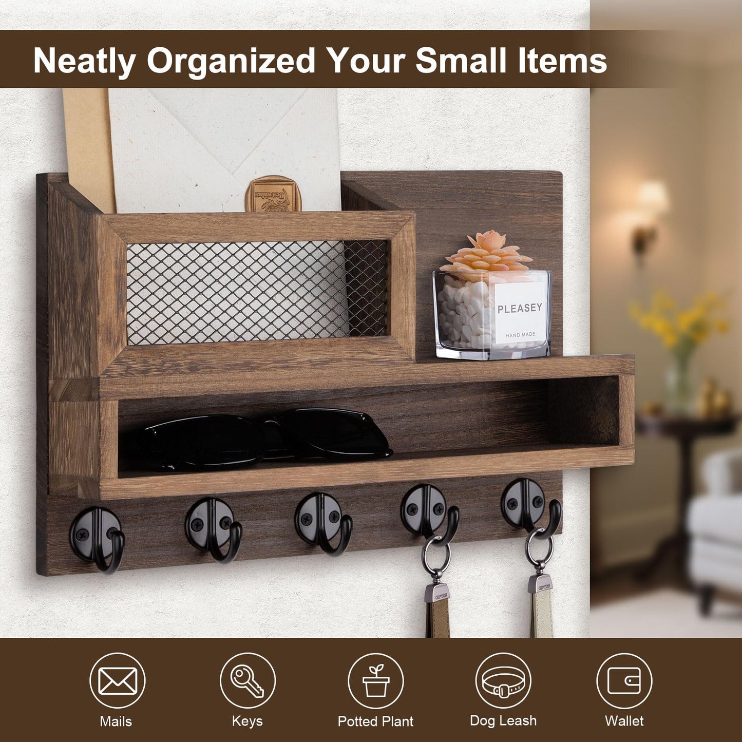 Lucundm Key Holder for Wall, Mail Organizer Wall Mount with Storage Compartment and 5 key Hooks for Coat, Dog Leash, Stylish Mesh Mail Holder, Home Decor Entry Way Organizer