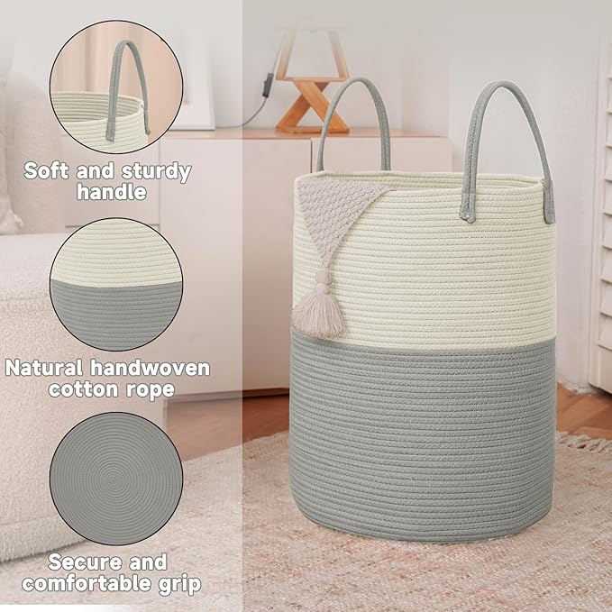 Large Woven Laundry Basket Hamper, 100L Cotton Rope Storage Bin