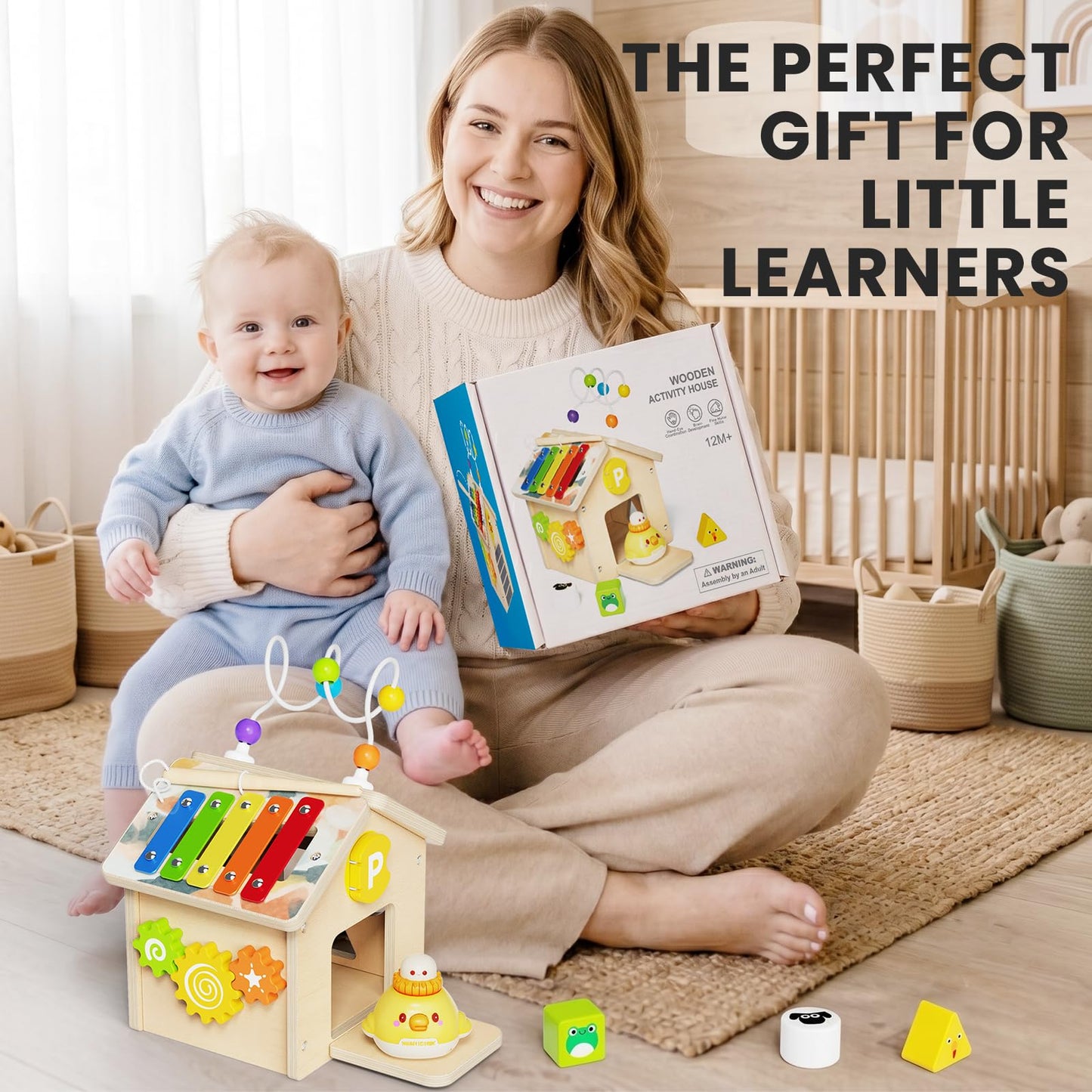 9-in-1 Wooden Activity Cube, Montessori Baby Activity Center Toys for 1+ Year Old Boys & Girls, Farm Theme Baby Cube with Car Toys & Shape Sorter, Educational Toy for Toddlers, Ideal Baby Gifts