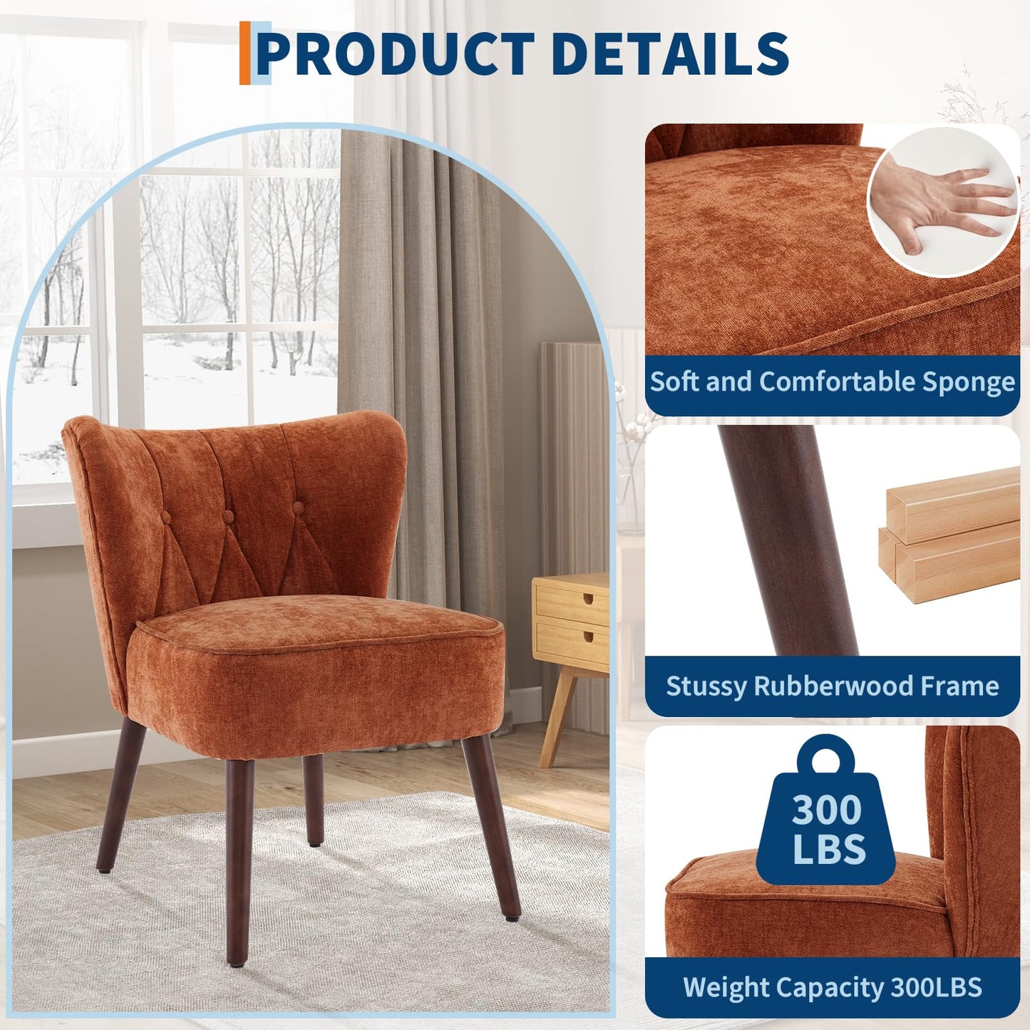 Accent Chair Living Room Chair, Armless Lounge Chair with Wood Legs Upholstered Makeup Vanity Tufted Side Chair Fabric Comfy Sofa Chairs for Bedroom, Mid Century Modern Comfy Reading Chair