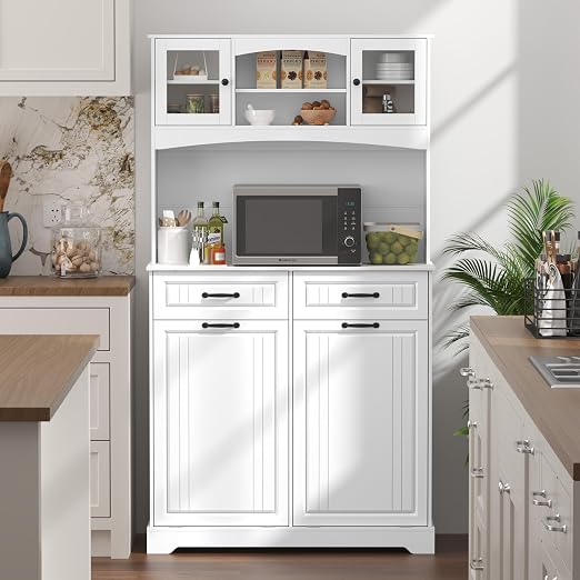 Double 13 Gallon Tilt Out Trash Can Cabinet with Deodorizing Function and Power Outlet, 71" Tall Wooden Garbage Can Holder Cabinet with 2 Storage Hutch & 2 Drawers for Kitchen and Dining Room, White