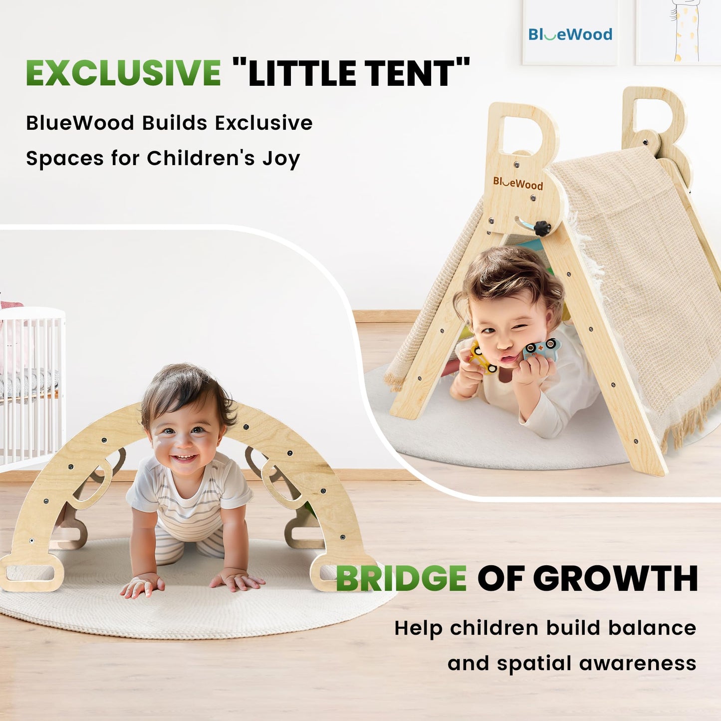 BlueWood Pikler Triangle Set with Safe Handle, Foldable 7-in-1 Montessori Toddler Climbing Toys Indoor, Wooden Pickler Climbing Set, Baby Jungle Gym & Playground, Climbing Toys for 1-3 Year, Rainbow