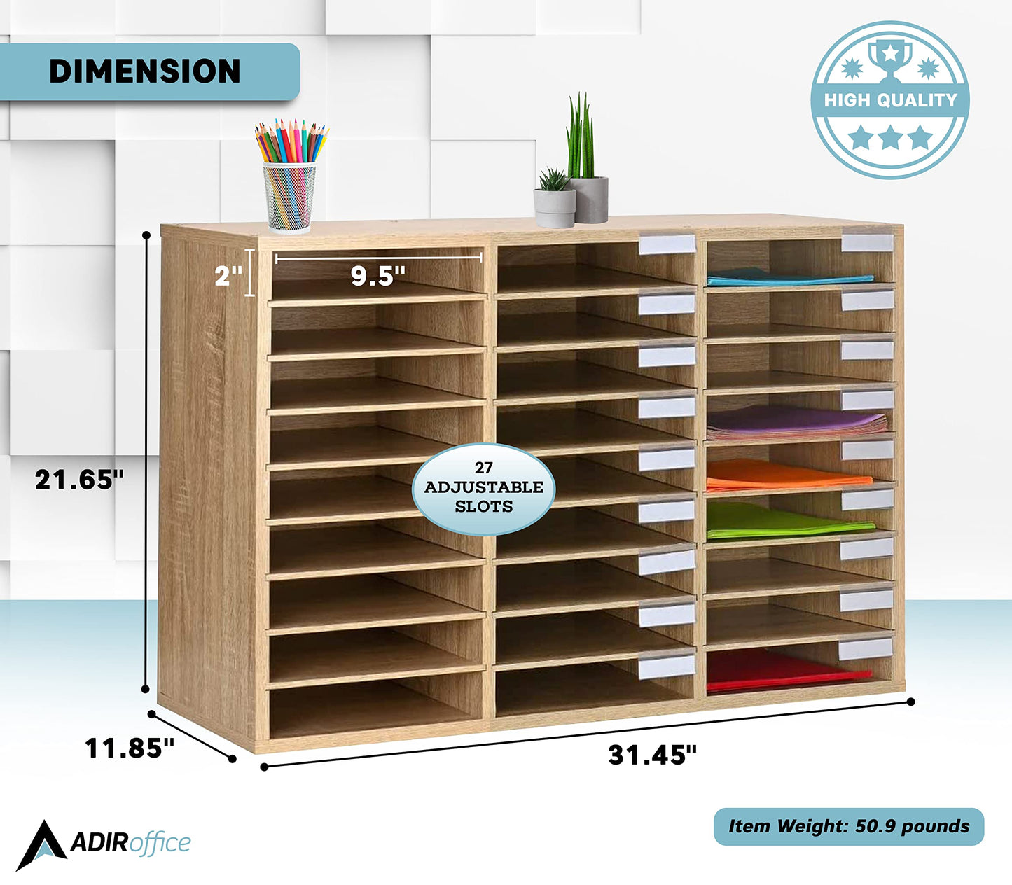 AdirOffice Classroom Mailbox - Wooden Literature Organizer, Construction Paper Storage Organizer, Mail Sorter with Slots, Office Mailboxes with Removable Shelf (27 Slot, Oak)