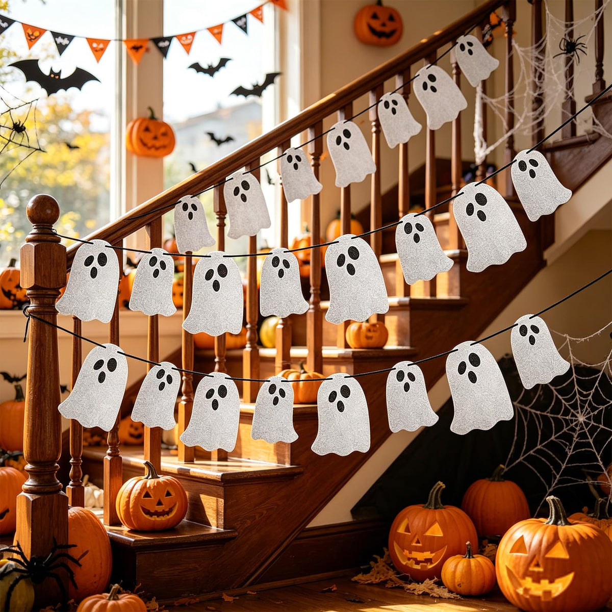Vavious Halloween Party Banner Cute 4 Pcs Halloween Ghost Banners Indoor for Fireplace Spook Garland Hanging Bunting Sign for Wall Windows Indoor Easter Party Decor White