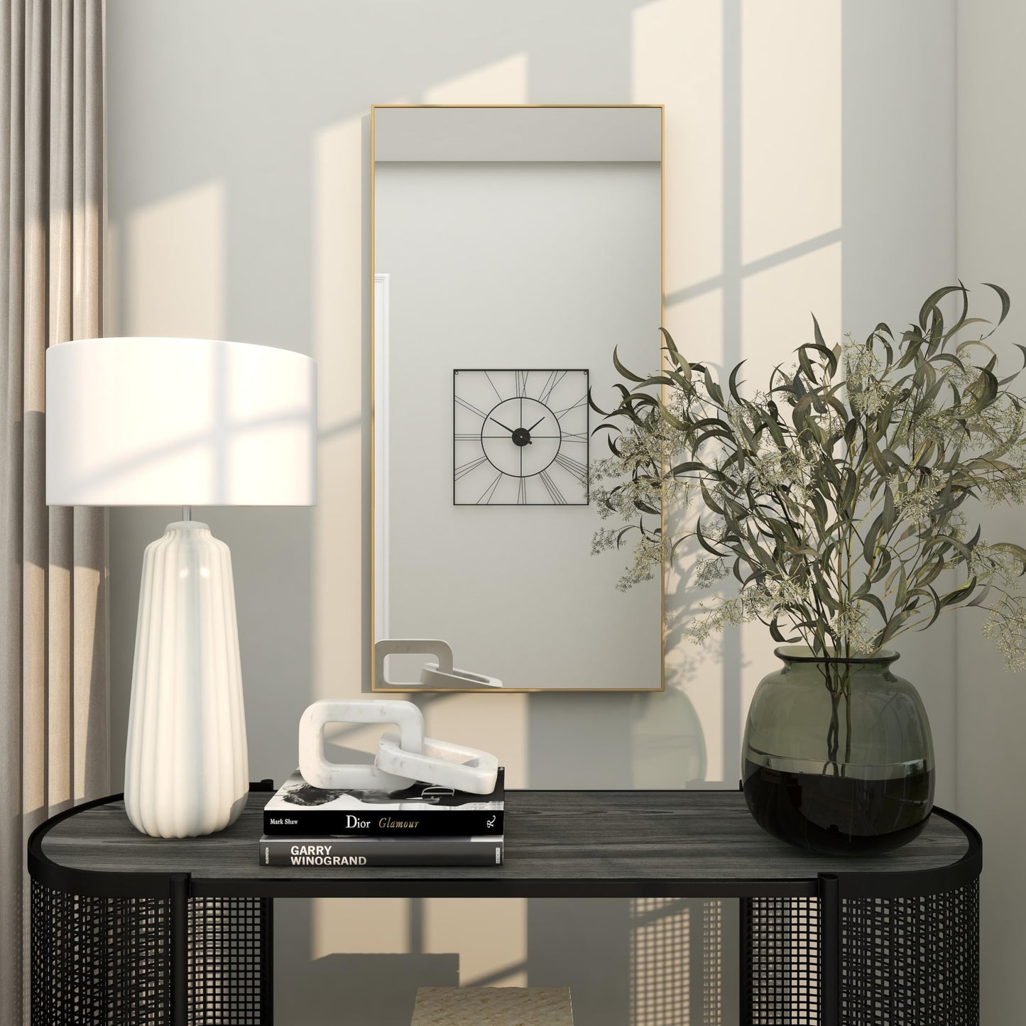Deco 79 Wooden Room Wall Mirror Entryway Mirror with Thin Frame, Wall Mounted Mirror 18" x 1" x 36", Gold