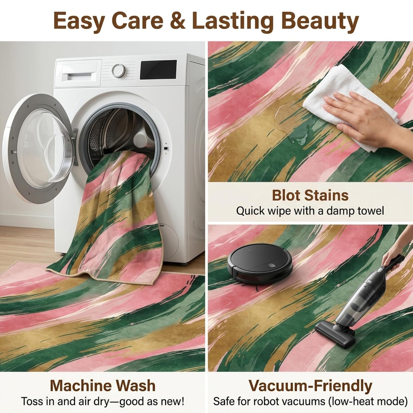 BreezeRise 5x7 Area Rugs for Living Room: Boho Pink and Green Gold Modern Abstrac Rug Brushstroke Gradient Washable Non-Slip Backing for Living Room Bedroom Leisure Area Decor
