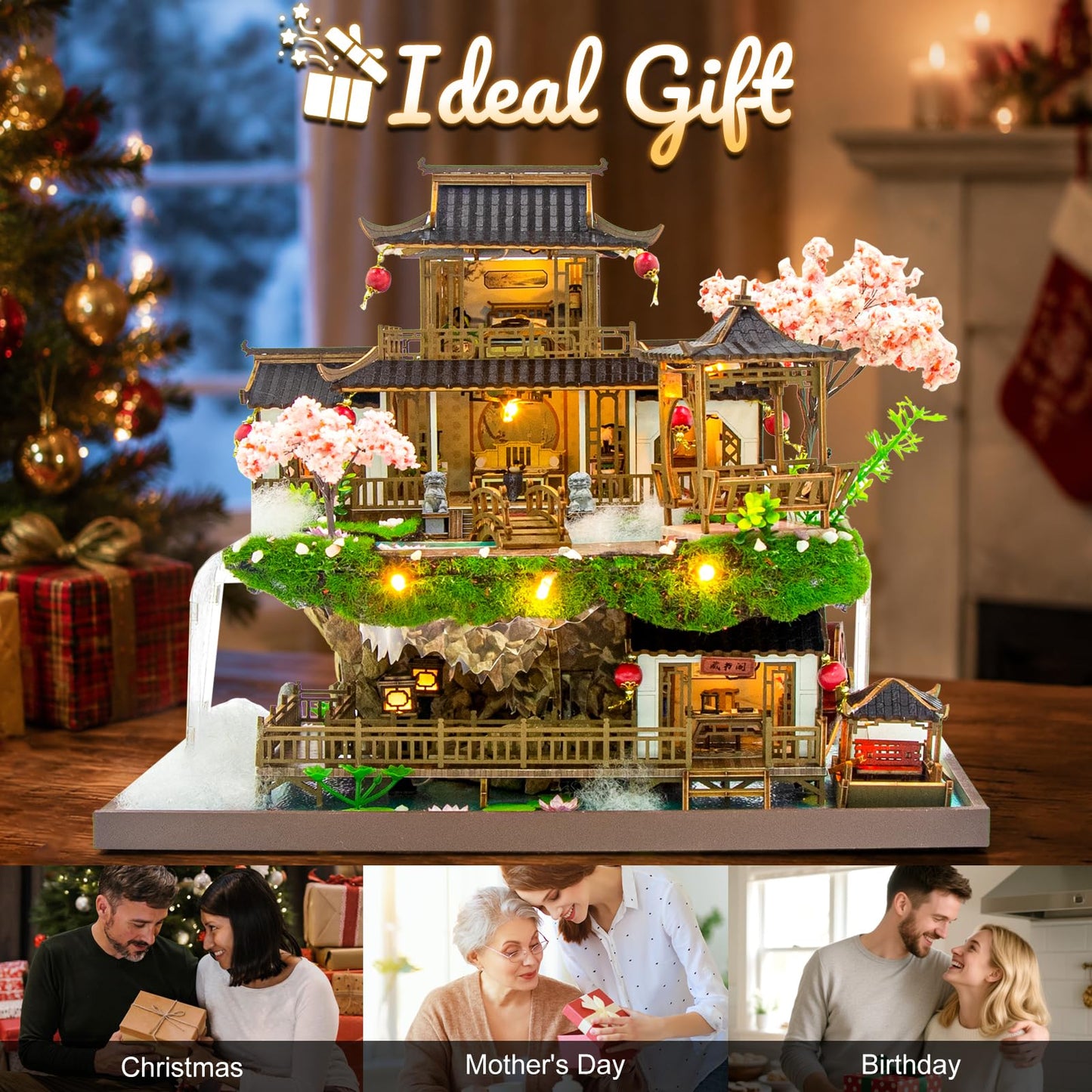 Hallisun DIY Miniature House Kit, Fairyland Tiny 3D Wooden House Making Set for Adults, Dollhouse Bookshelf Decor with Furniture & LED Lights, Christmas Birthday Greenhouse Craft Gift for Friend