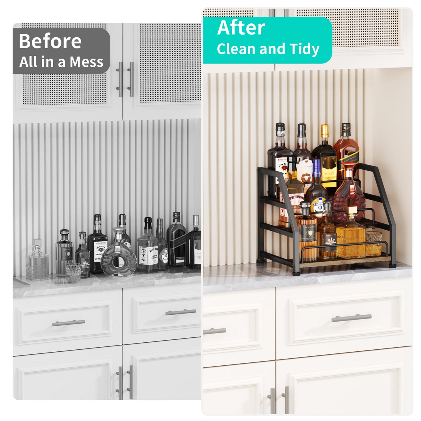 HapiRm Liquor Bottle Display Shelf - 3-Tier Stepped Liquor Cabinet Bar with Protective Fence, Countertop Wine Rack for Home