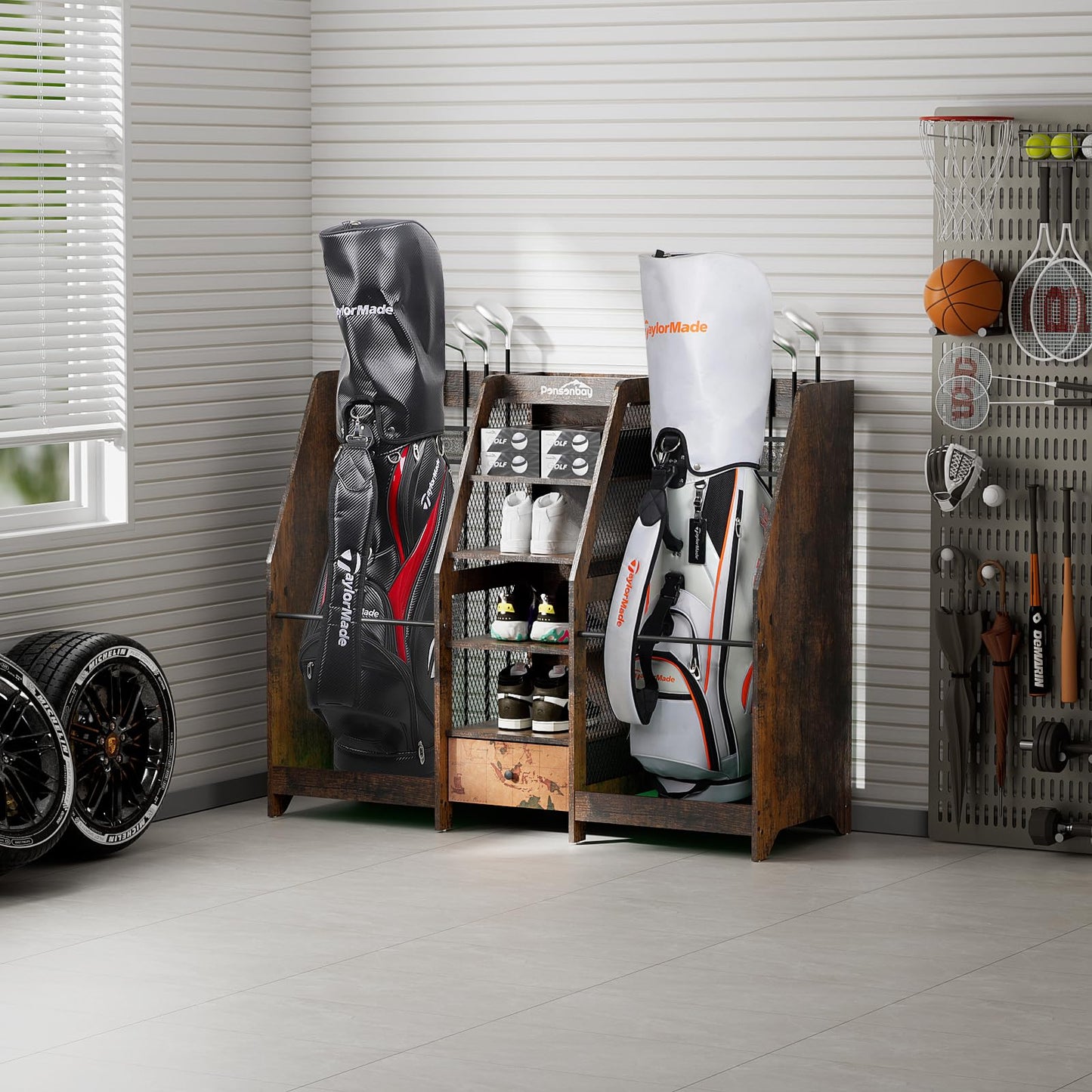 Ponsonbay Golf Bag Storage Organizer for Garage, Premium Wooden 2 Golf Bags Rack with Drawer, Easy Assemble Golf Club Stand/Holder Suitable for Garage Home Simulator and Office (Retro)
