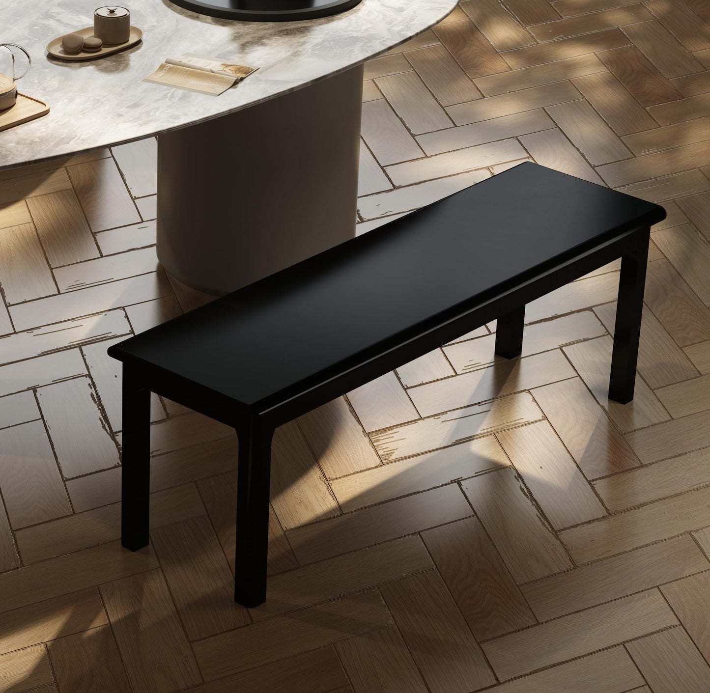 Wilk Wooden Entryway Bench, 47’’ Indoor End of Bed Bench, 100% Solid Oak Wood (Black)