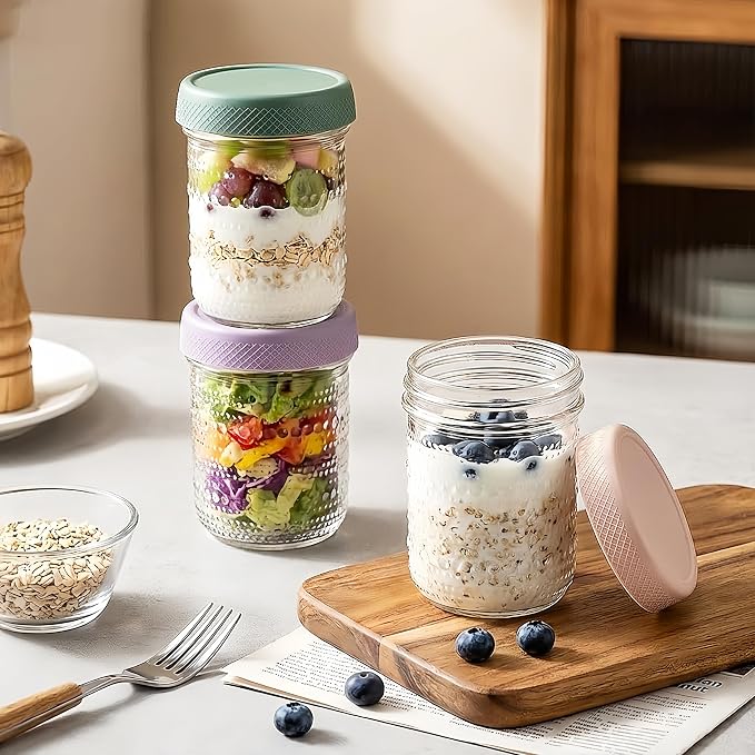 WACOI Overnight Oats Containers 16oz with Lids, 6 Pack Wide Mouth Mason Jars with Airtight Lids, Glass Food Storage Containers for Pickling, Fermenting, Snacks, Salad, Yogurt, Spice