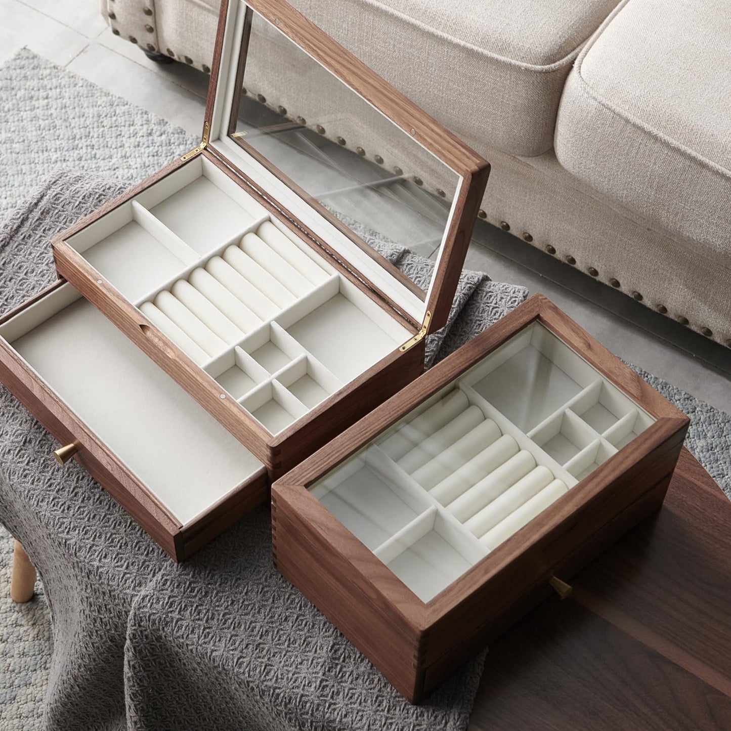 Beexchange Black Walnut Wooden Jewelry Box - Allwood, Handcrafted, Glass Lid 1 drawer. Gift for Women, Men, and Girls. Jewelry Organizer Storage(Double-Layer)