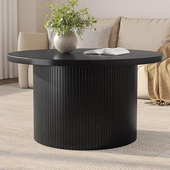 31.5" Round Coffee Table, Mid Century Modern Fluted Tambour Coffee Table, Engineered Wood Small Circle Center Table, Drum Accent Modern Living Room Table, Black
