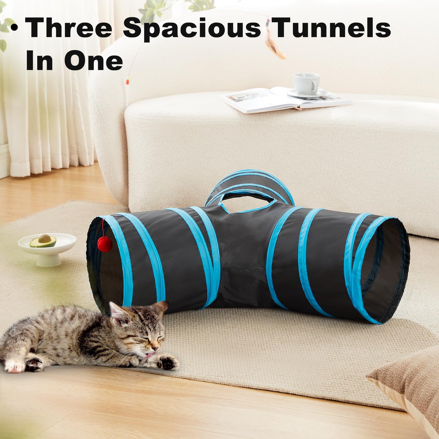 Love's cabin Cat Tunnel Tube Toys 3 Way Collapsible, Cat Tunnels for Indoor Cats,Kitten Tunnel Bored Pet Play Tunnel with Peek Hole Toy Ball for Kitty, Kitten, Rabbit, Puppy Blue