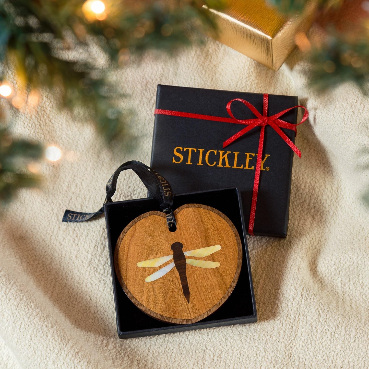 Stickley Dragonfly Ornament, Walnut and Cherry, Decorative Inlay, Mission Style, Stickley-Branded Hanging Ribbon, Gift Box, 3.75in W x 3.75in H