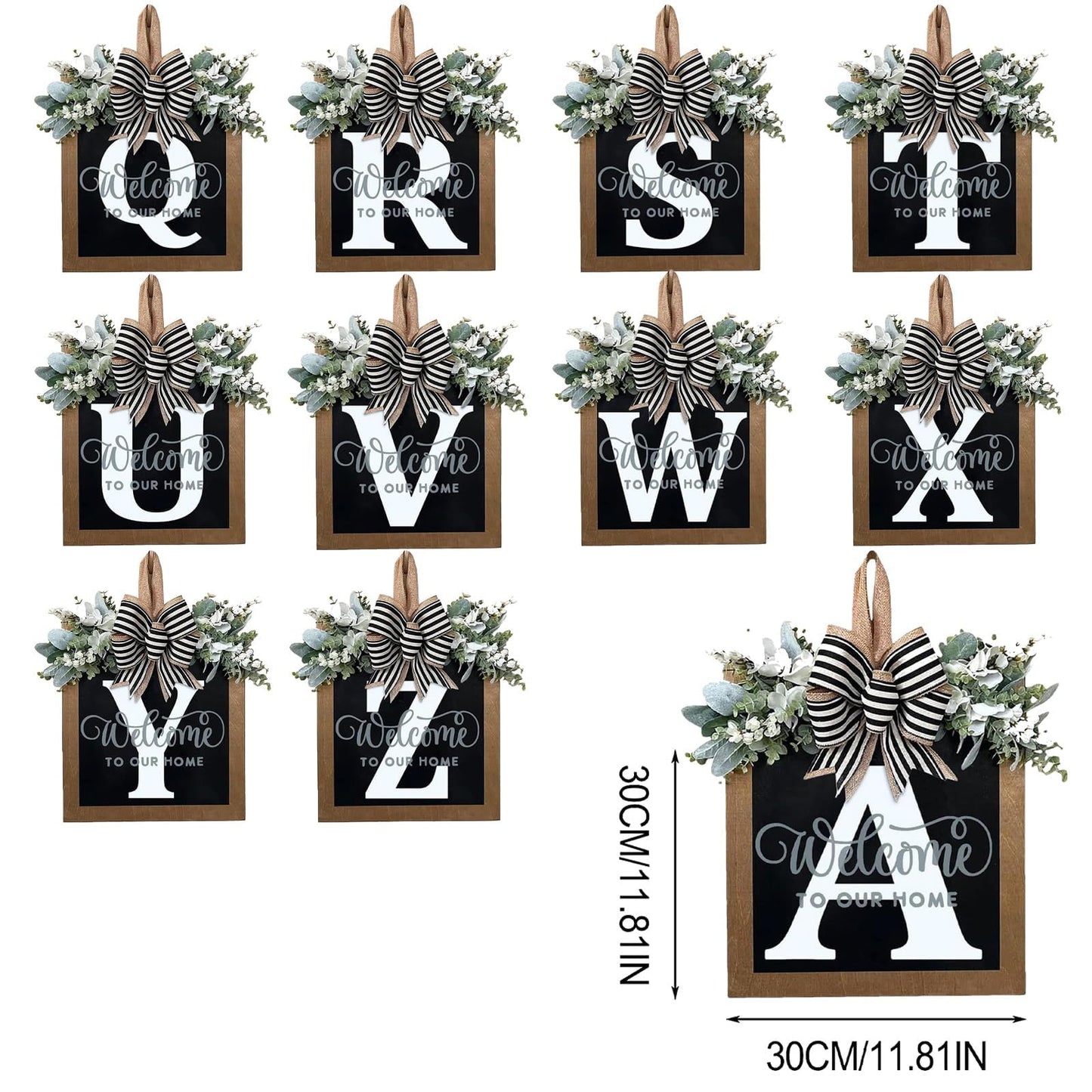 Last Name Year Round Front Door Wreath Front Porch Decoration 26 Letter Welcome Sign with Eucalyptus Garland and Bow Spring Wreaths for Front Door Outside Hanger Garland(S)