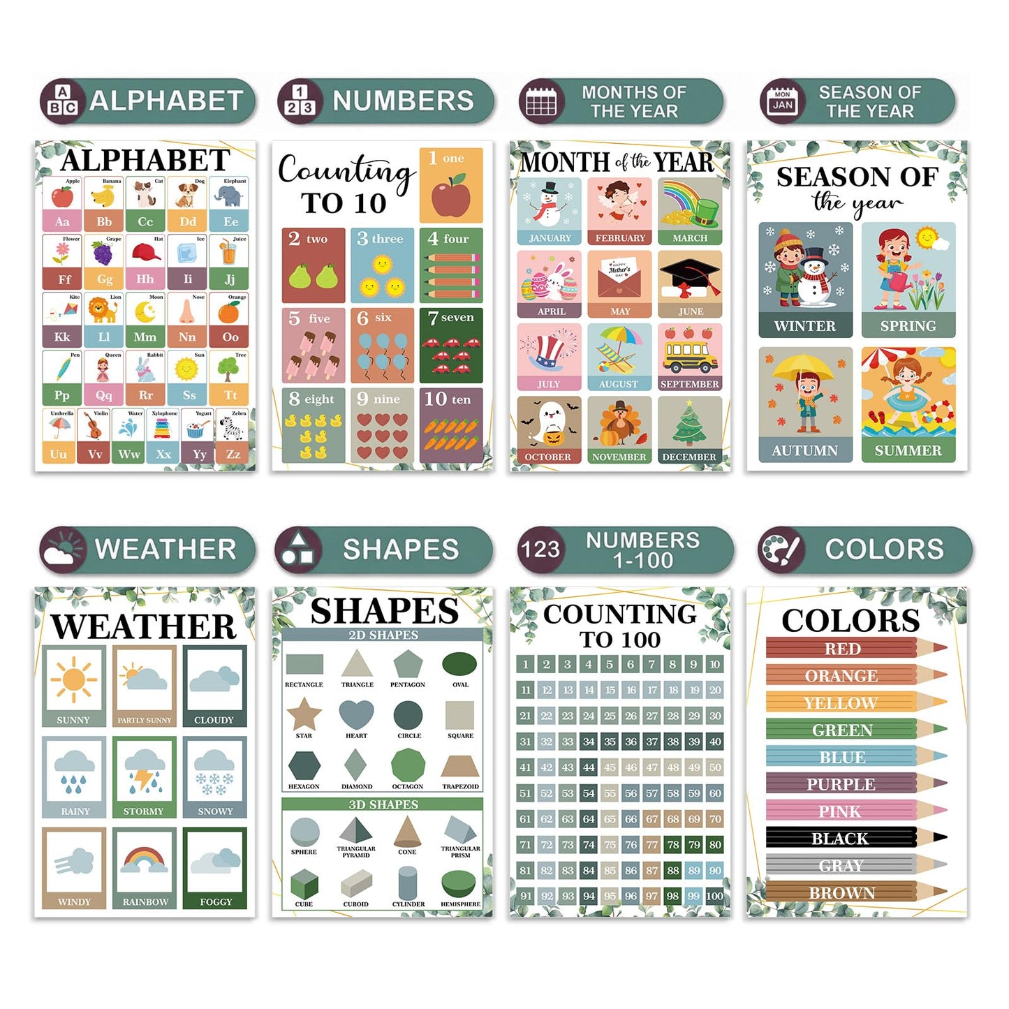 16 Pcs 16”x24” Large Educational Posters for Classroom Decor Educational Posters for Toddlers 1-3 Learning Poster for Boys Girls Ages 3-5 Kindergarten Preschool Classroom Teacher Must Haves Eucalyptus