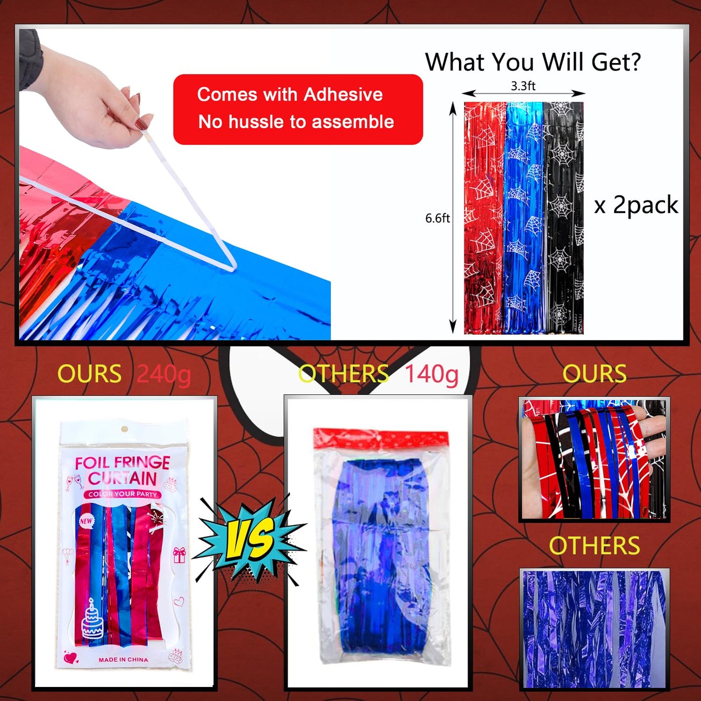 Spider Birthday Party Decoration, including 2Pack Spider-web Printing Foil Fringe Curtains, 1pack Spider Themed Birthday Banner & Balloons for Spide-party Photo Booth Props Streamers Backdrop Decor