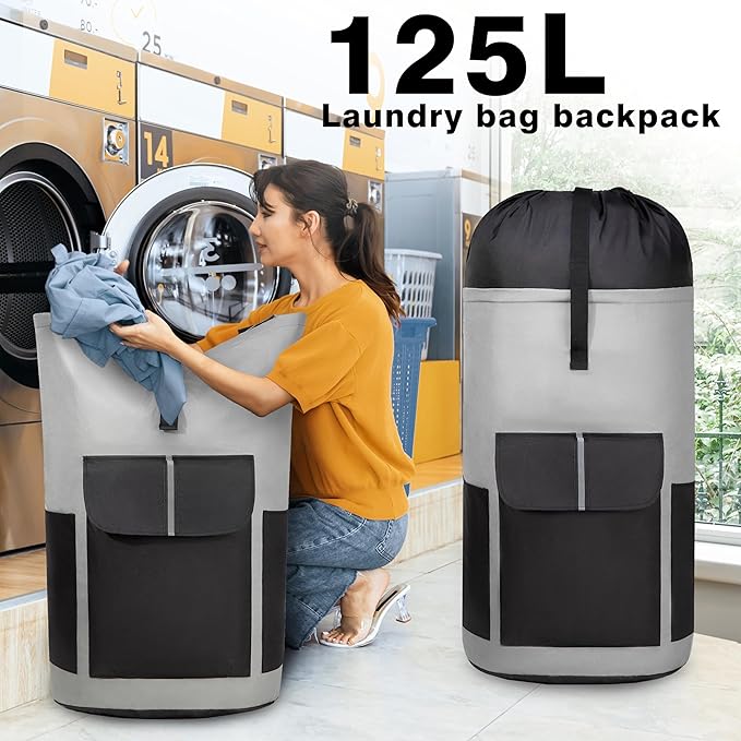BeeGreen Grey-Black-Laundry-Bag-Backpack-Extra-Large-Heavy-Duty, 125L Portable