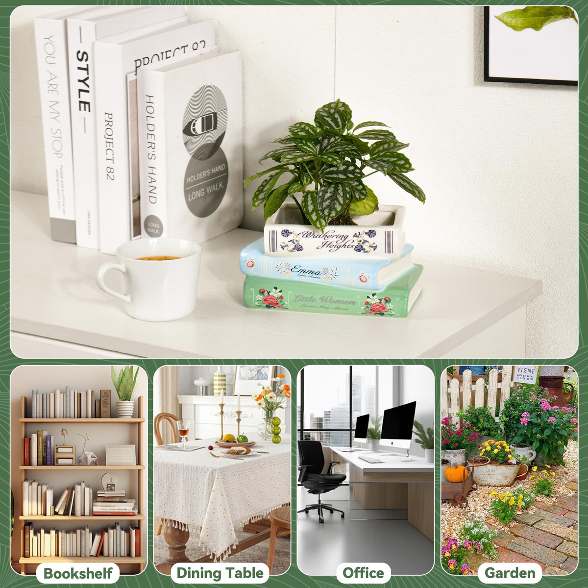 HEBYJO Ceramic Book Shaped Planter with Drainage Hole, Unique Flower Pot, Literary Vase Bookshelf Decor, Gift for Book Lovers, Multifunctional Storage Box