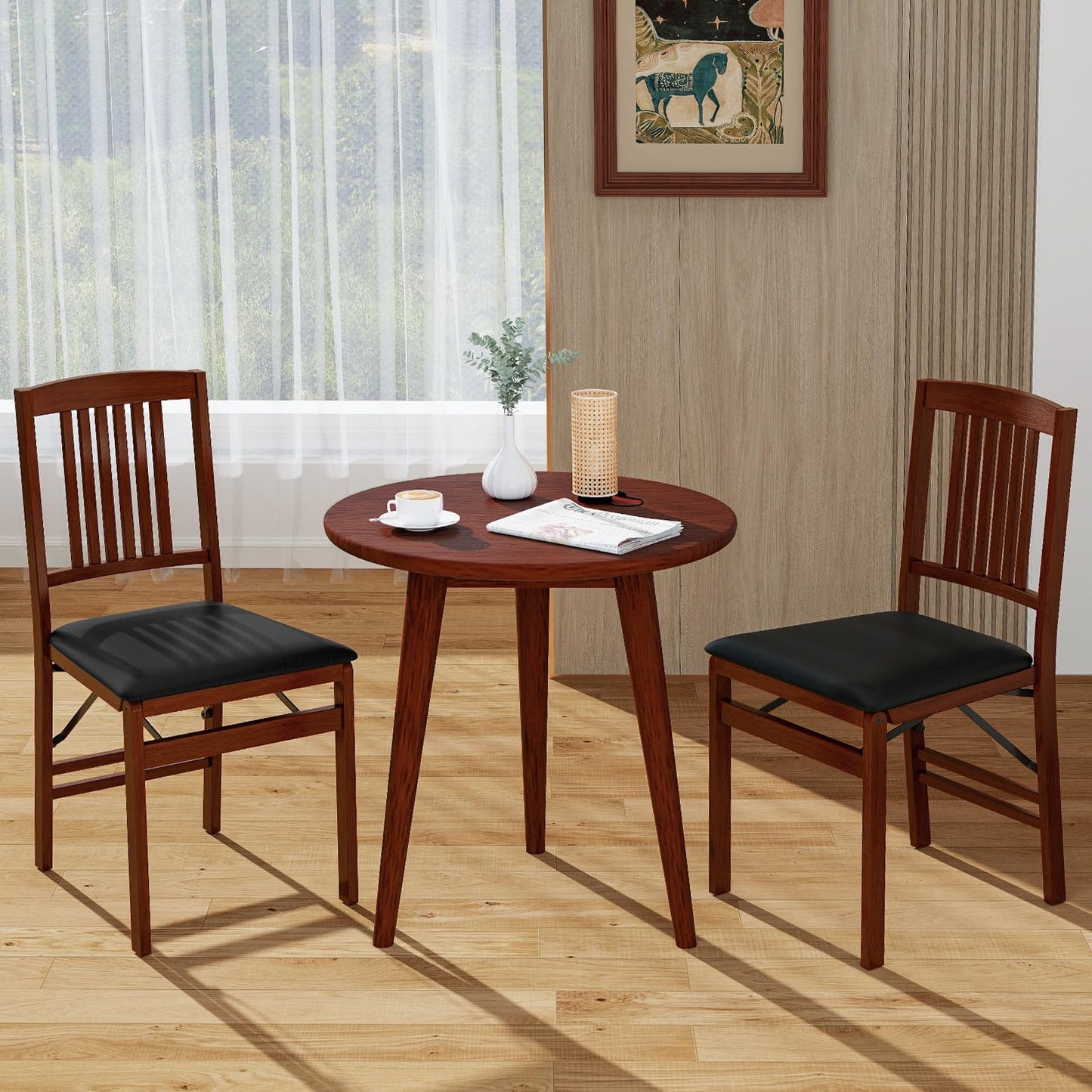 Giantex Folding Dining Chairs Set of 2, Foldable Wood Kitchen Chairs with Padded Seat, Max Load 420 Lbs, No Assembly, Wooden Dining Room Chair, Armless Side Chair for Home Apartment, Brown & Black