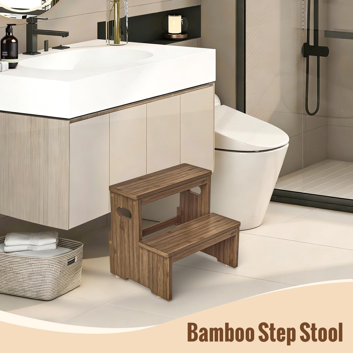Aiowhy Two Step Stool for Adults and Kids, 450lbs Heavy Duty Step Stool, Bamboo Step Stool for High Beds, Portable Helper Step Stairs for Kids, for Kitchen, Bathroom, RV, Bedside Step Stool, Walnut