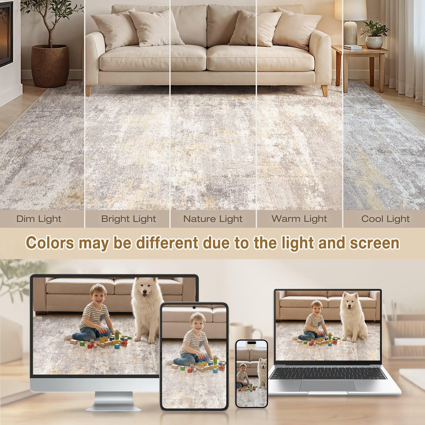 cotiled Abstract 8x10 Area Rug Soft Neutral Non Slip Carpet