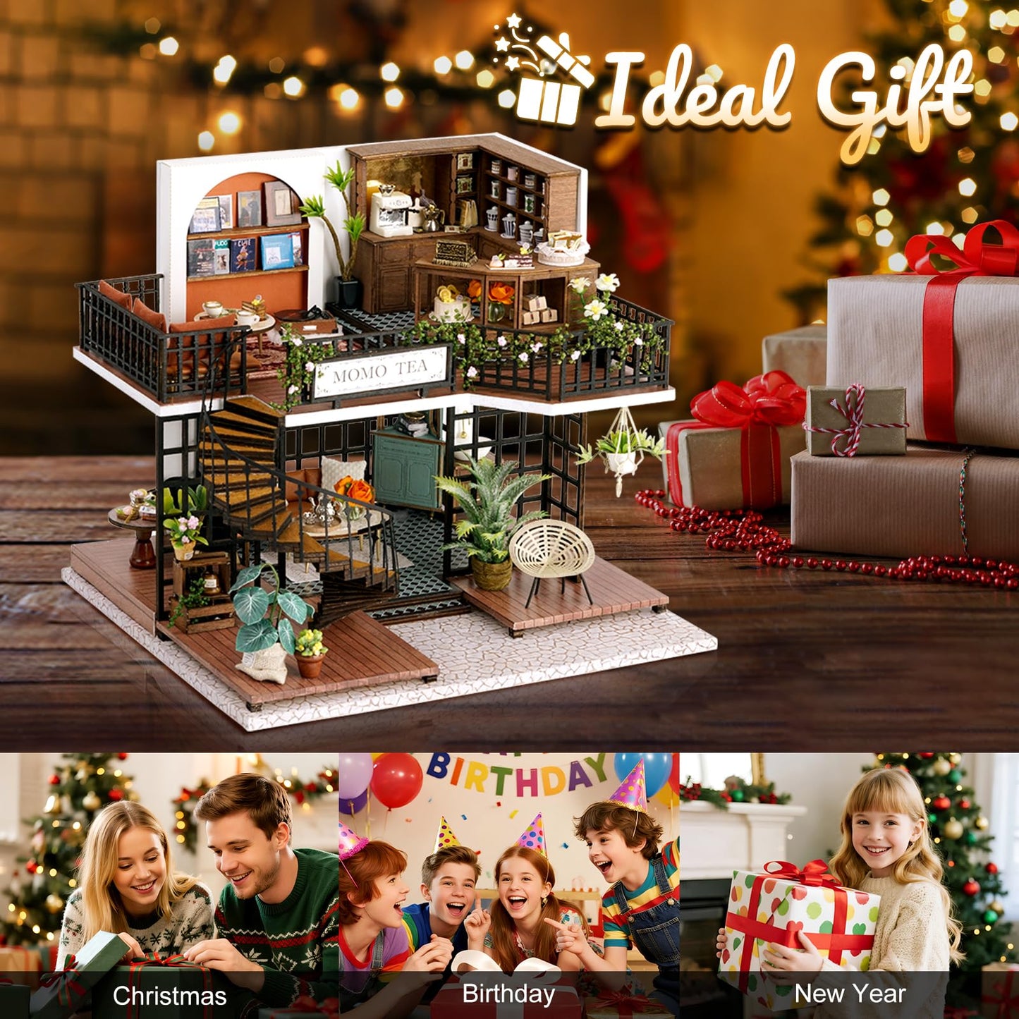 Hallisun DIY Miniature House Building Kits, Twilight Book City and Momo Tea House 3D Wooden Dollhouse Toys, Birthday Festival Gift for Teens Adults with Dustproof Covers