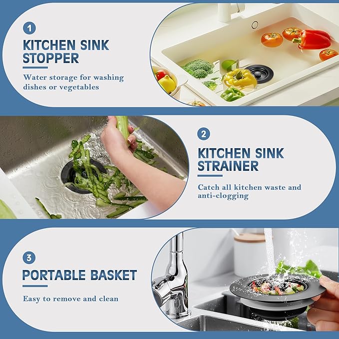 Kitchen Sink Drain Strainer 3 in 1, 304 Stainless Steel Pop Up Sink Stopper