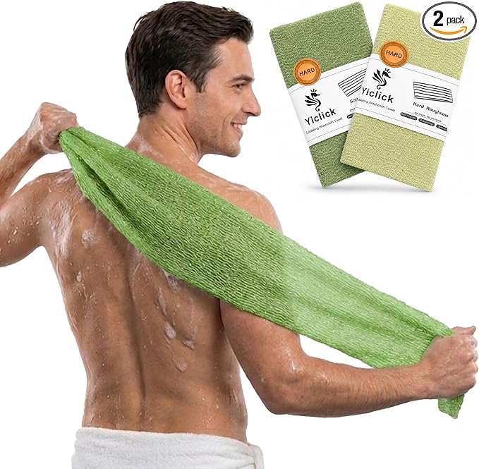 Yiclick 2PCS Exfoliating Washcloth Towel - Exfoliating Body Scrubber Exfoliator, Loofah Sponge Wash Cloth, Korean & Japanse & African Net Sponge Rag - Back Scrubber Washer (Olive Green+Grass Green)
